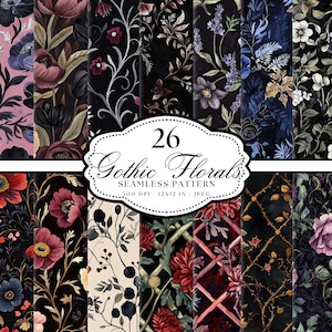 Gothic Flowers Digital Paper Pack, Dark Scrapbook Page, Dark Academia, Halloween, Dark Seamless Patterns, Black Gold Purple Blue, Roses