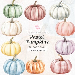 May include: A set of 10 pastel-colored watercolor pumpkins. The pumpkins are in various shades of pink, blue, green, yellow, and orange. The pumpkins are all in a realistic style and have a slightly textured look. The text "Pastel Pumpkins" is written in a decorative font below the pumpkins.