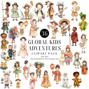 Kinder der Welt Clipart, Aquarell Multikulti Kinder in traditioneller Kleidung, rund um die Welt, Länder Kultur, süße Kinderzimmer Kunst
