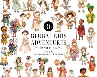 Multicultural Kids Clipart, Watercolor World Cultures Art (Digital Download)