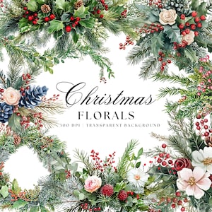 Clipart floral de Natal, clipart de vegetação de inverno, buquê de Natal, arranjos de pinheiros e frutas vermelhas, elementos botânicos festivos, florais sazonais