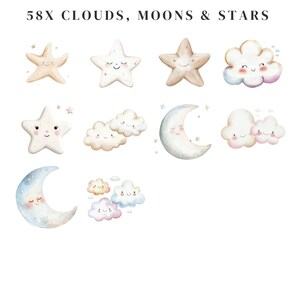 Imágenes prediseñadas de estrellas y nubes en acuarela, gráficos celestiales para guardería (descarga digital) imagen 6