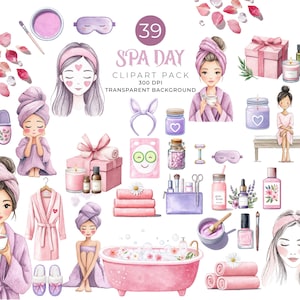 Clipart journée de spa mignon, filles de spa pastel & accessoires, fête de spa violet rose PNG, clipart éléments de spa, clipart soins personnels kawaii