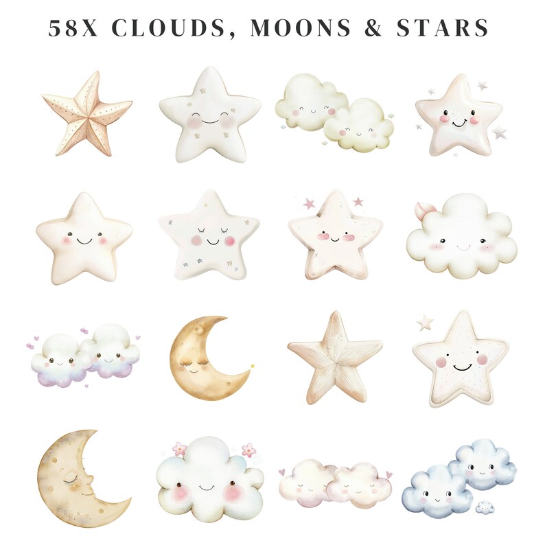 Puede incluir: Un conjunto de 58 ilustraciones de acuarela con nubes, lunas y estrellas. Las ilustraciones son de estilo caprichoso con caras sonrientes y colores pastel.