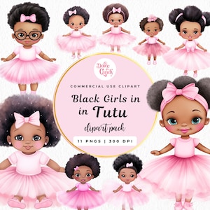 Watercolour Chibi Black Girl in Tutu Clipart, Commercial use, Baby Shower clipart, Little Girl with Pink Bow, Gender Reveal PNG bundle, Afro