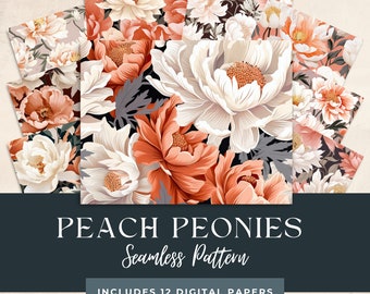 Papel digital Peonía Melocotón, estampado floral sin costuras (descarga digital)