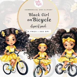 自転車に乗った黄色のかわいい黒人少女のクリップアート PNG、ちびガールの夏のイラスト、ベビーシャワー、商用利用、水彩クリップアート、かわいい