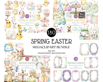 Easter Clipart Bundle | Kawaii Bunnies, Chicks, Floral Borders (PNG Digital Set)