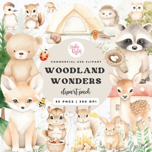 Woodland Animals Watercolour Clipart PNG, Commercial Use, Forest Nursery Cute Clipart, Fox, Bear, Deer, Hedgehog, Raccoon, Baby Shower