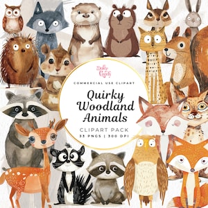 Quirky Woodland Animals Clipart, Acuarela Png, Vivero del bosque, Boho Baby Shower, Animales del bosque, Lindo caprichoso, Cumpleaños del bosque