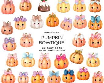 Kawaii Pumpkin Clipart Pack, Pink Bows, Pastel Autumn, Halloween PNG (Digital Download)