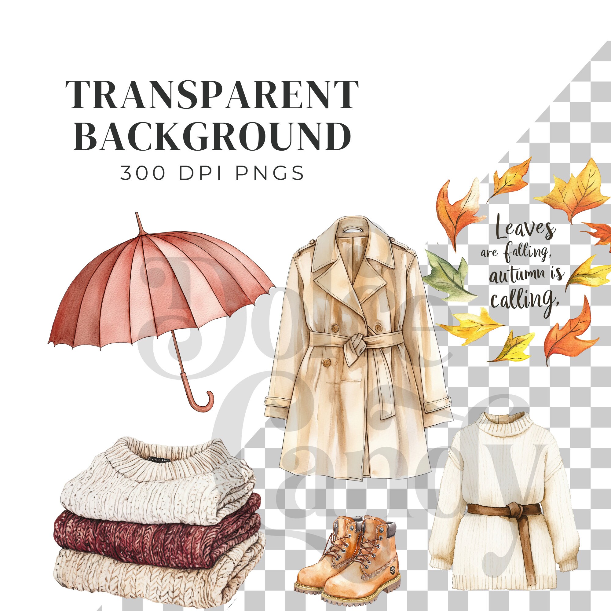 Autumn Clothes Clipart, Jumper, Hoodie, Trench Coat, Umbrella, Boot ...