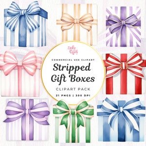 Ensemble de cliparts boîte cadeau rayé aquarelle, clipart cadeau, coffret cadeau Noël, coffret cadeau d'anniversaire, baby shower, clipart fête d'anniversaire
