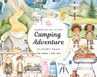 Wasserfarbe Camping Clipart Bundle, Outdoor Abenteuer (Digitaler Download)