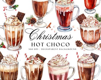 Clipart de chocolate quente natalino em aquarela, chocolate quente festivo em PNG (Digital)