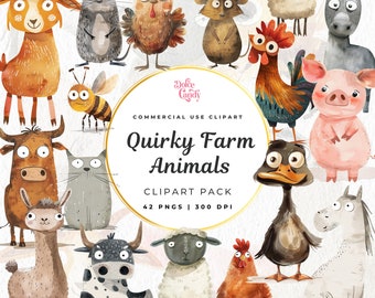 Clipart de animais de fazenda em aquarela, celeiro peculiar em PNG (Download digital)
