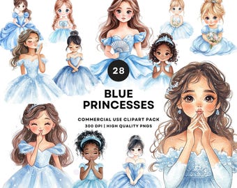 Blue Quinceañera Princess Clipart – Watercolor PNG, Commercial Use (Digital Download)