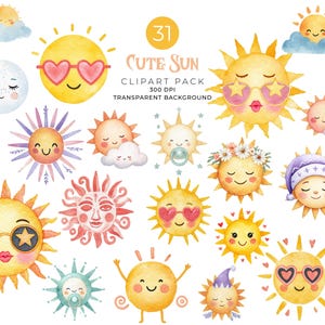 Lindo conjunto de imágenes prediseñadas de sol / PNG de sol de acuarela kawaii para cumpleaños infantiles, baby shower, decoración de guardería, invitaciones, sublimación