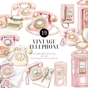 Clipart de aquarela de telefone vintage, telefone antigo e adesivos de planejador digital romântico PNG para download