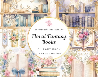 Watercolor Floral Book Clipart, Fantasy Library (PNG Digital Download)