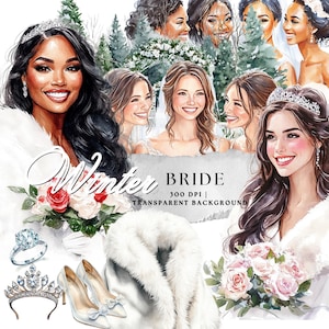 Watercolour Cosy Winter Bride Clipart, Bridesmaids, Wedding Clipart, Bridal Shower, Winter Landscape Wedding Arch, Diamond Rings, Tiara PNG