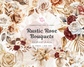 Imágenes prediseñadas de ramo floral otoñal en acuarela, rosa beige estilo boho (descarga digital PNG)