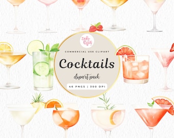 Watercolor Cocktail Clipart, Alcohol & Non-Alcoholic Drinks (PNG Digital Download)