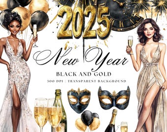 May include: A digital illustration of a New Year's Eve celebration with a black and gold theme. The illustration features two women in glamorous dresses, champagne flutes, a clock, balloons, and a sparkling 2025.