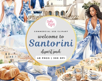 Watercolor Santorini Clipart, Greek Island Summer Vacation (Commercial Use)