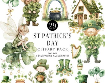 Watercolor St. Patrick's Day Clipart, Shamrocks, Leprechauns (Digital Download)