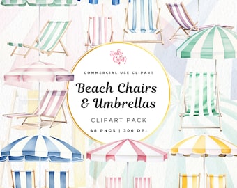 Watercolor Beach Chair & Umbrella Clipart, Pastel Summer PNG (Commercial Use)