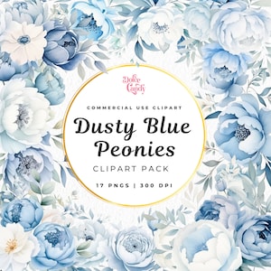 Dusty Blue Peony Aquarell Clipart, Png, Sträußchen Blumen, Pfingstrosen und Grün, kommerzielle Nutzung, Hochzeit Blumen, Sommer Blume, Frühling Blumen