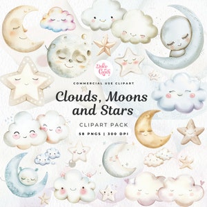 Sterren en wolken aquarel graphics, kinderkamer hemelse clipart, Bodo doodle babyshower illustraties, glittersterren, pastelkleurige manen en sterren,