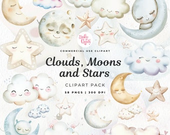 Watercolor Stars and Clouds Clipart, Nursery Celestial Graphics (Digital Download)