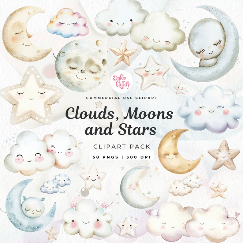 Puede incluir: Un conjunto de 58 im&aacute;genes de clipart de acuarela con nubes, lunas y estrellas. Las im&aacute;genes est&aacute;n en una paleta de colores pastel y presentan caras de dibujos animados lindas. El clipart es perfecto para crear invitaciones, tarjetas y otras manualidades.