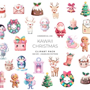 Kawaii Christmas Clipart, Cute Holiday PNGs, Pastel Christmas Stickers, Santa Reindeer Tree Clip Art, Digital Download for Creatives, Xmas