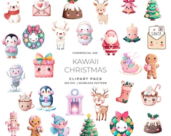 Kawaii Christmas Clipart, Cute Holiday PNG Stickers (Digital Download)