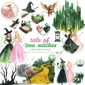 Imágenes prediseñadas de brujas de fantasía inspiradas en Oz: Ciudad Esmeralda, Camino de Ladrillos Amarillos, Mono Volador, Libro de Hechizos Mágicos, Conjunto de gráficos PNG digitales
