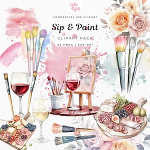 Pacchetto clipart sorseggia e dipingi con acquerello, festa di pittura fai da te, grafica di attività, sorseggia e dipingi su tela, download digitale PNG, salumi, vino