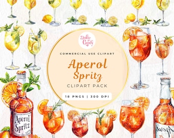 Watercolor Aperol Spritz Clipart | Cocktail Drink Bundle (Commercial Use) (Digital Download)