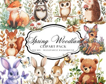Watercolor Spring Woodland Clipart, Baby Animals (Digital Download)