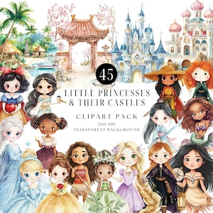 おとぎ話のプリンセス クリップアート、ファンタジー クリップアート バンドル、城 png、水彩画の保育園の装飾、ベビー シャワー、子供の誕生日、デジタル ダウンロード