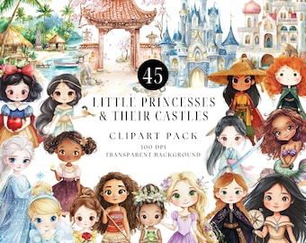 Watercolor Princess Clipart Bundle, Castle, Nursery Decor (Digital Download)