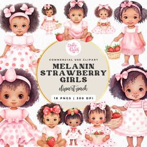 Cute Strawberry Melanin Baby Girls Clipart, Afro Black Baby Girl, Strawberry Shortcake Theme, Strawberry Baby Shower, Little Black Girl,