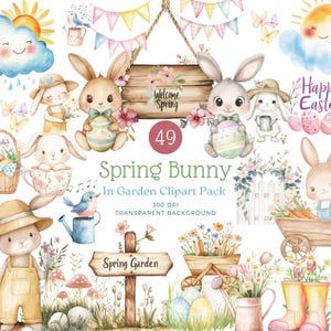 Spring Bunny Garden Clipart PNG Set – Pastel Easter Bunny, Baby Shower ...