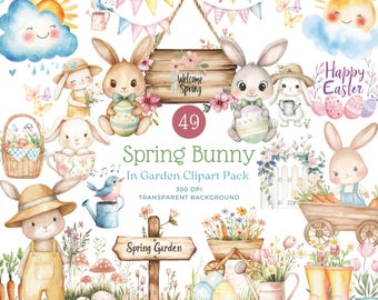 Imágenes prediseñadas de conejitos de primavera para jardín – Animales de Pascua en tonos pastel (descarga digital)
