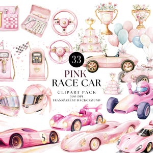 Roze aquarel raceauto clipartpakket, schattig racemeisje png, digitale download voor kinderen, kinderkamerdecoratie en feestgraphics, vintage raceauto