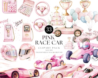 Pink Watercolor Race Car Clipart, Nursery Party Graphics (Digital Download)