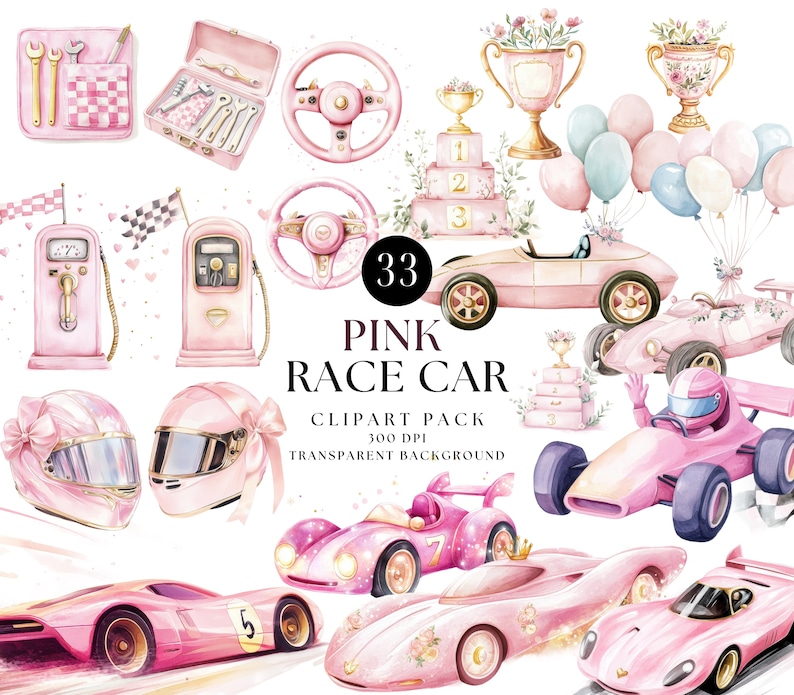 Pink Racing Car Set Pink Watercolor Race Car Clipart, Nursery Party Graphics (digital ...