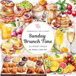 Grafica Clipart Brunch ad acquerello, Caffè, Mimose, Succo d'arancia, Piatto di frutta, Croissant, Colazione, Clipart di dessert, Champagne, Pancake